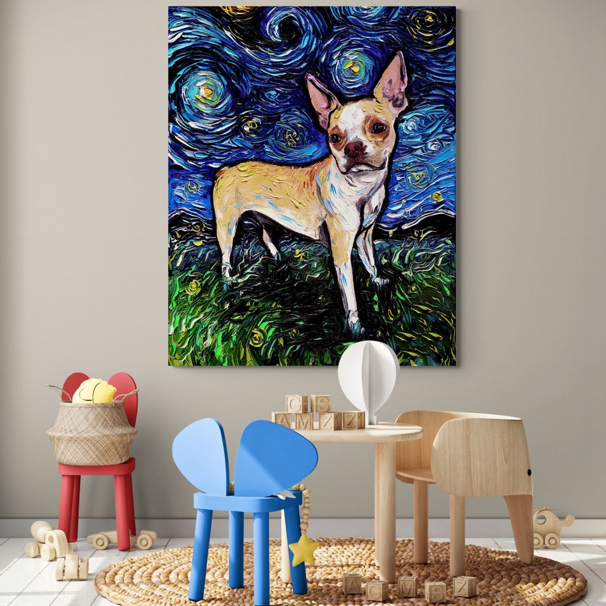 TAYRONA STORE - Cuadro Lienzo Noche Estrellada Perro Tan Boston Terrier Night 80x100cm