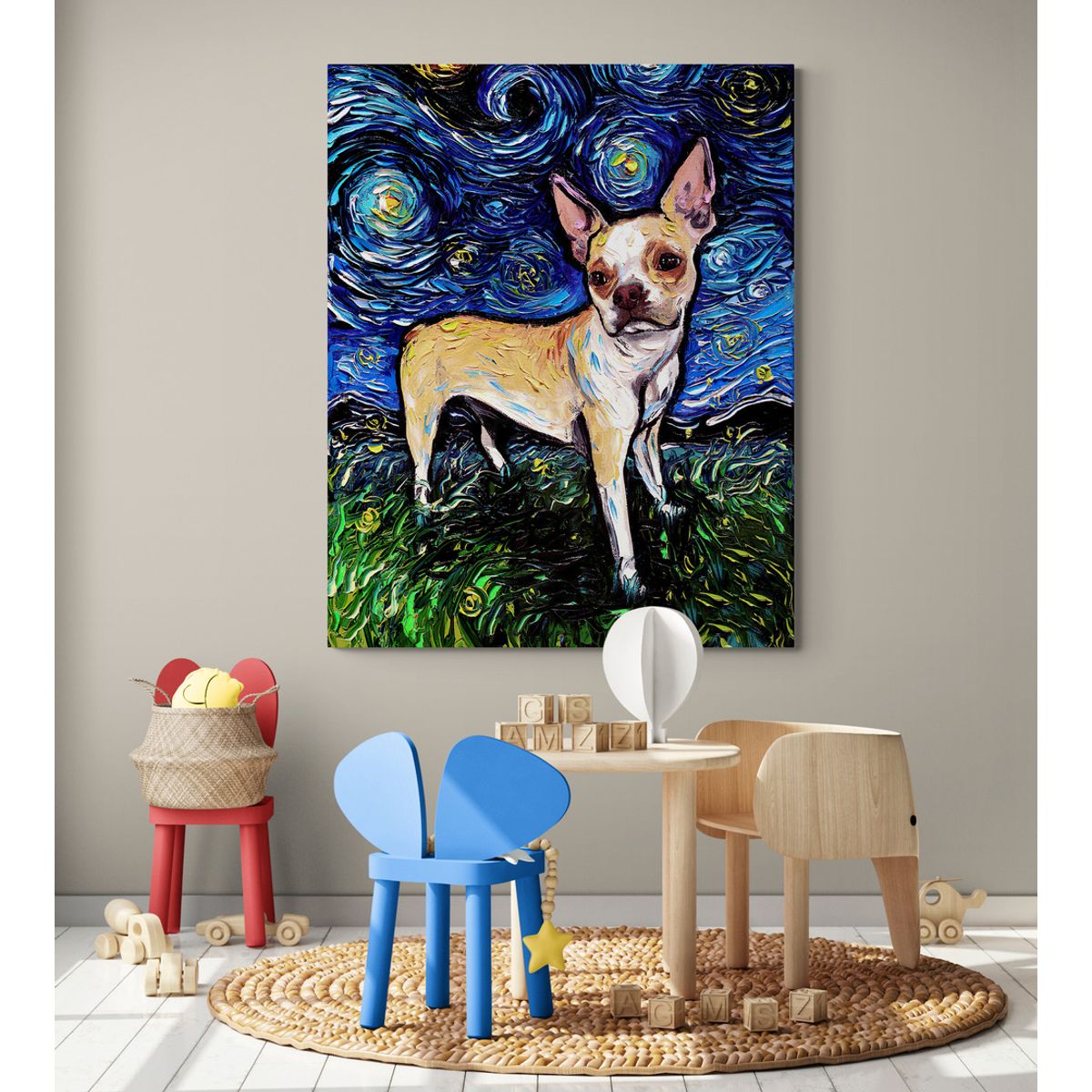 TAYRONA STORE - Cuadro Lienzo Noche Estrellada Perro Tan Boston Terrier Night 80x100cm