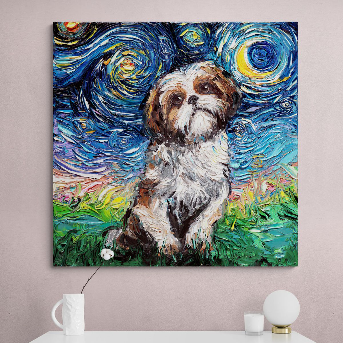 TAYRONA STORE - Cuadro Lienzo Para Habitaciones Noche Estrellada Shih Tzu 80x80cm