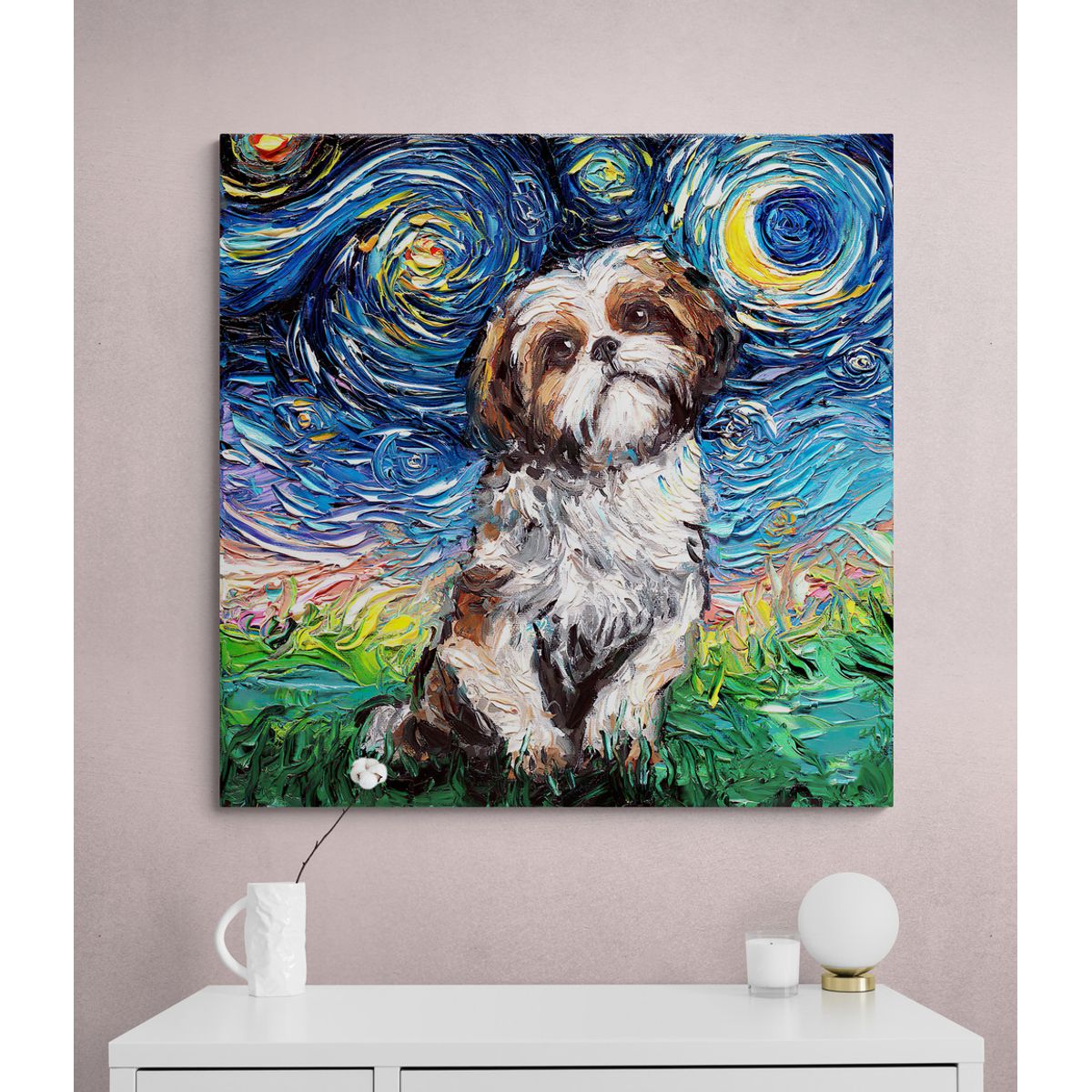 TAYRONA STORE - Cuadro Lienzo Para Habitaciones Noche Estrellada Shih Tzu 80x80cm
