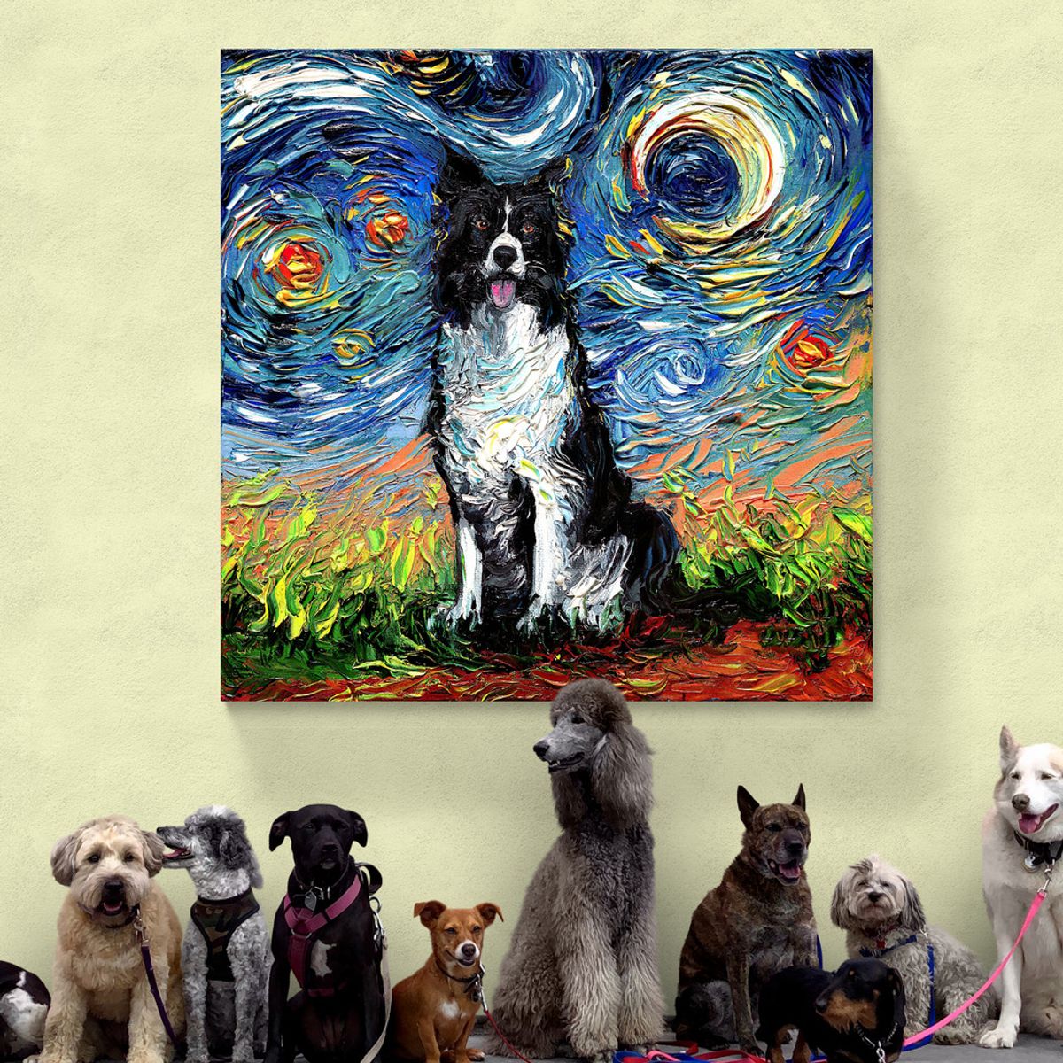 TAYRONA STORE - Cuadro Lienzo Habitacion Noche Estrellada Perro Border Collie 80x80cm