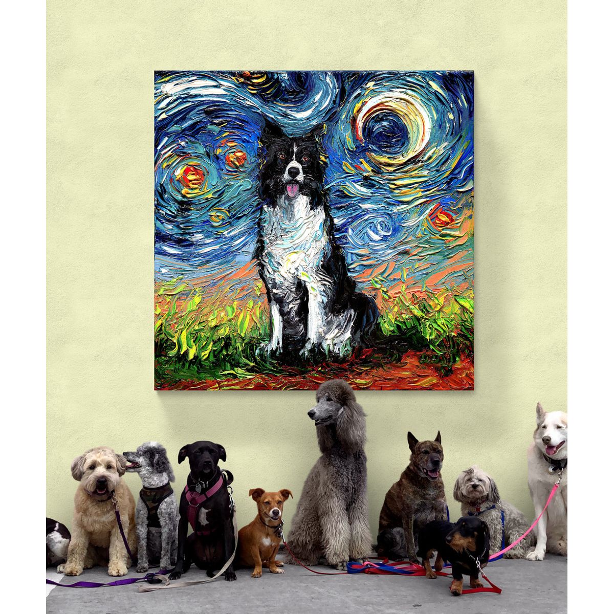 TAYRONA STORE - Cuadro Lienzo Habitacion Noche Estrellada Perro Border Collie 80x80cm