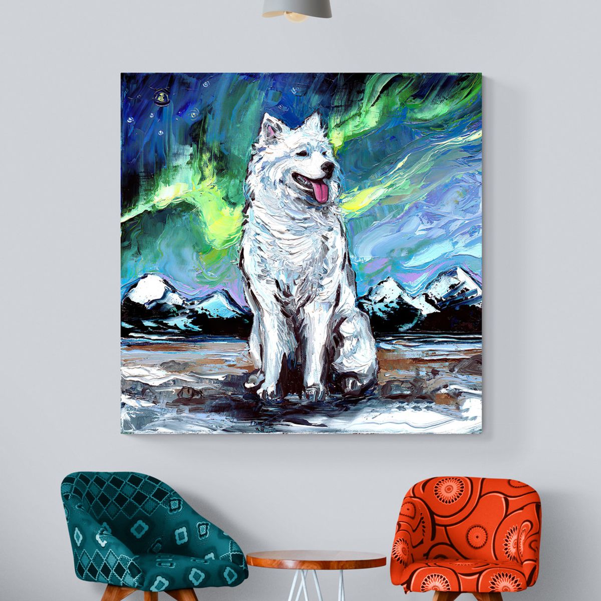 TAYRONA STORE - Cuadro Lienzo Habitacion Noche Estrellada Perro Samoyed Night 70x70cm