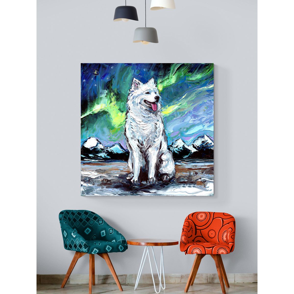 TAYRONA STORE - Cuadro Lienzo Habitacion Noche Estrellada Perro Samoyed Night 70x70cm