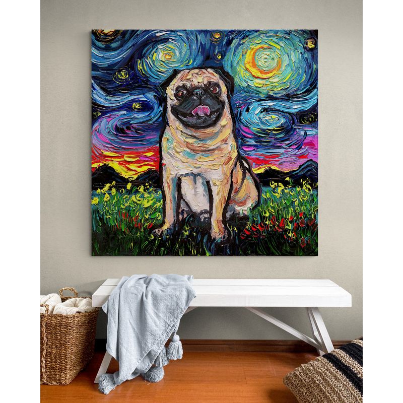 TAYRONA STORE - Cuadro Lienzo Habitacion Noche Estrellada Perro Fawn Pug Night 70x70cm