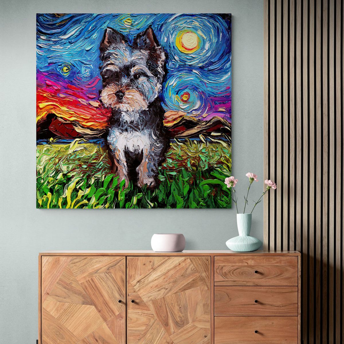 TAYRONA STORE - Cuadro Lienzo Para Habitaciones Noche Estrellada Yorkie Night 60x60cm