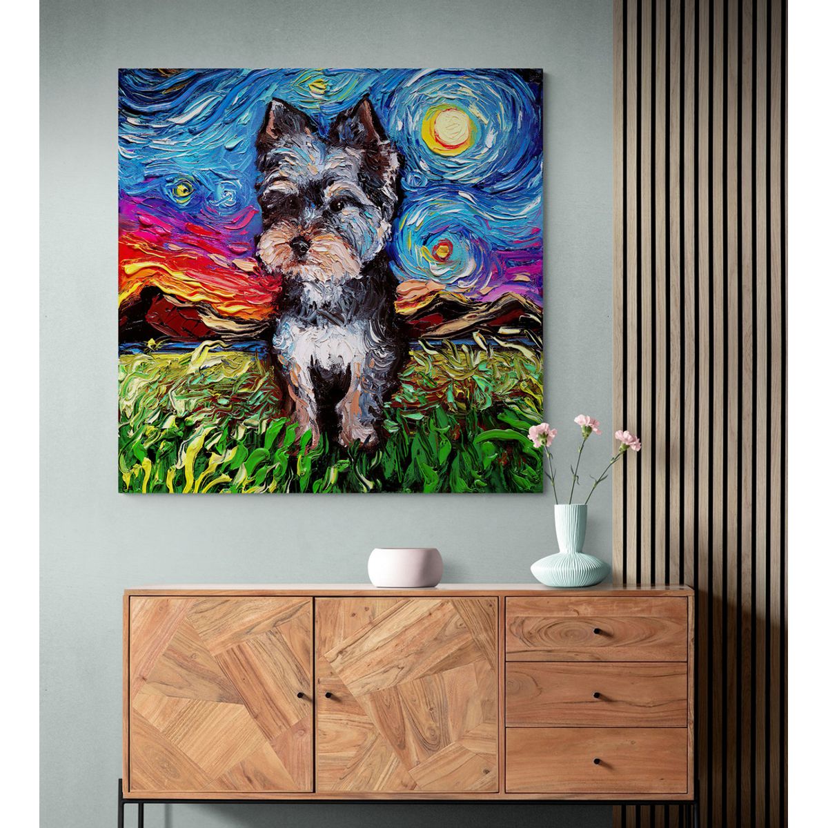 TAYRONA STORE - Cuadro Lienzo Para Habitaciones Noche Estrellada Yorkie Night 60x60cm