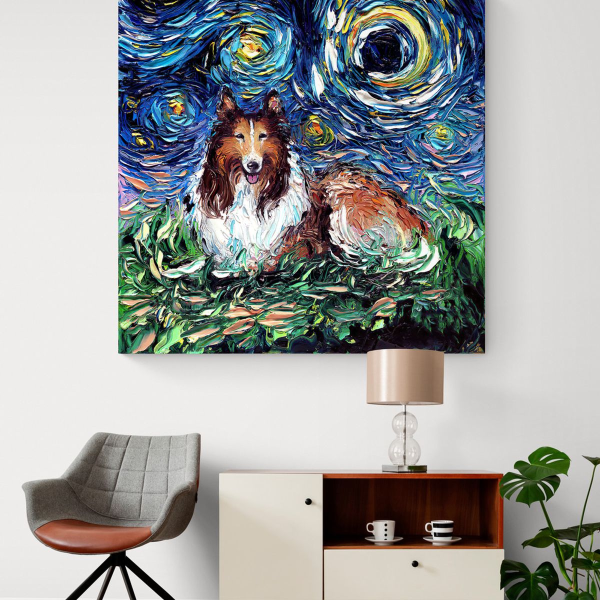 TAYRONA STORE - Cuadro Lienzo Habitaciones Noche Estrellada Perro Collie Night 90x90cm