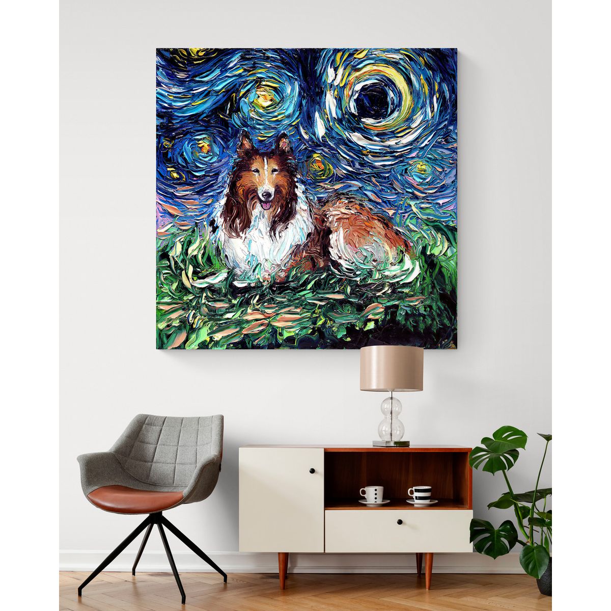 TAYRONA STORE - Cuadro Lienzo Habitaciones Noche Estrellada Perro Collie Night 90x90cm