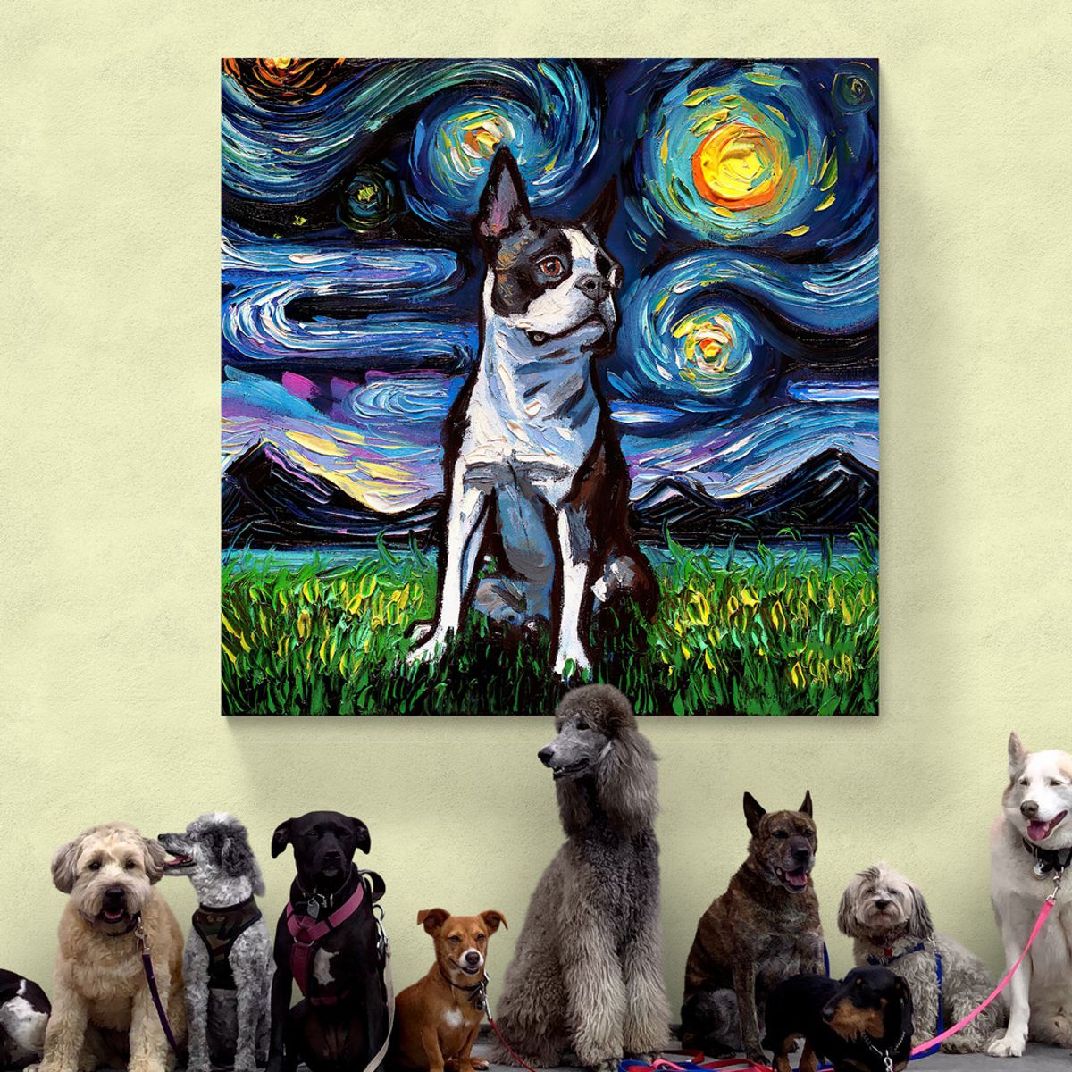 TAYRONA STORE - Cuadro Lienzo Habitacion Noche Estrellada Perro Boston Terrier 70x70cm