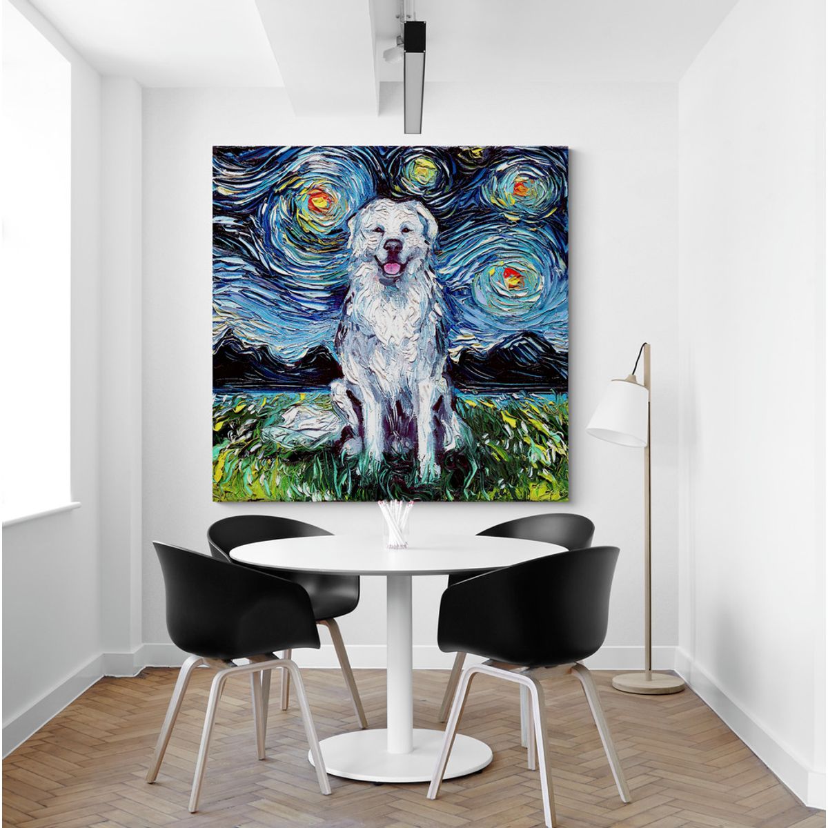 TAYRONA STORE - Cuadro Lienzo Habitacion Noche Estrellada Perro Great Pyrenees 70x70cm