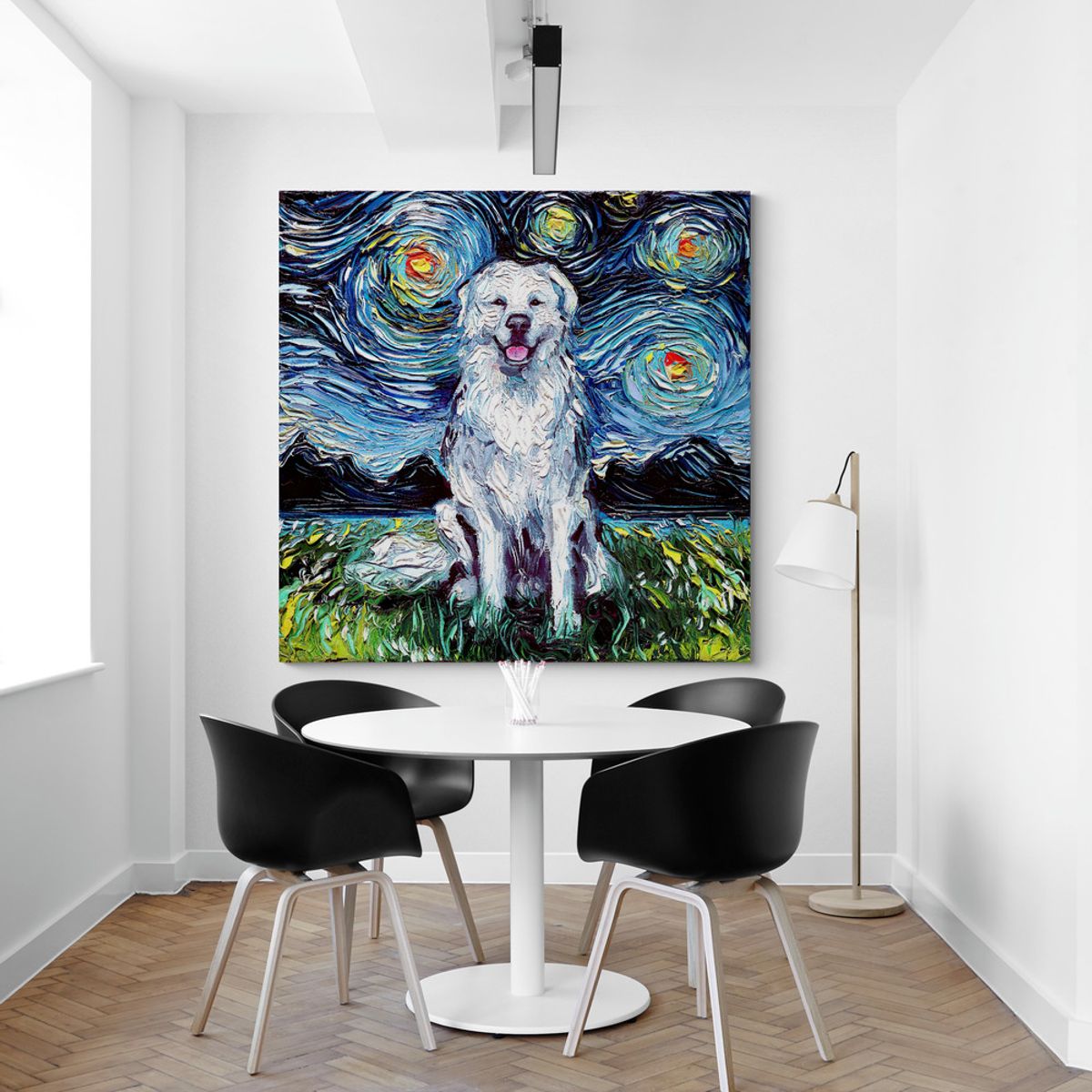 TAYRONA STORE - Cuadro Lienzo Habitacion Noche Estrellada Perro Great Pyrenees 50x50cm