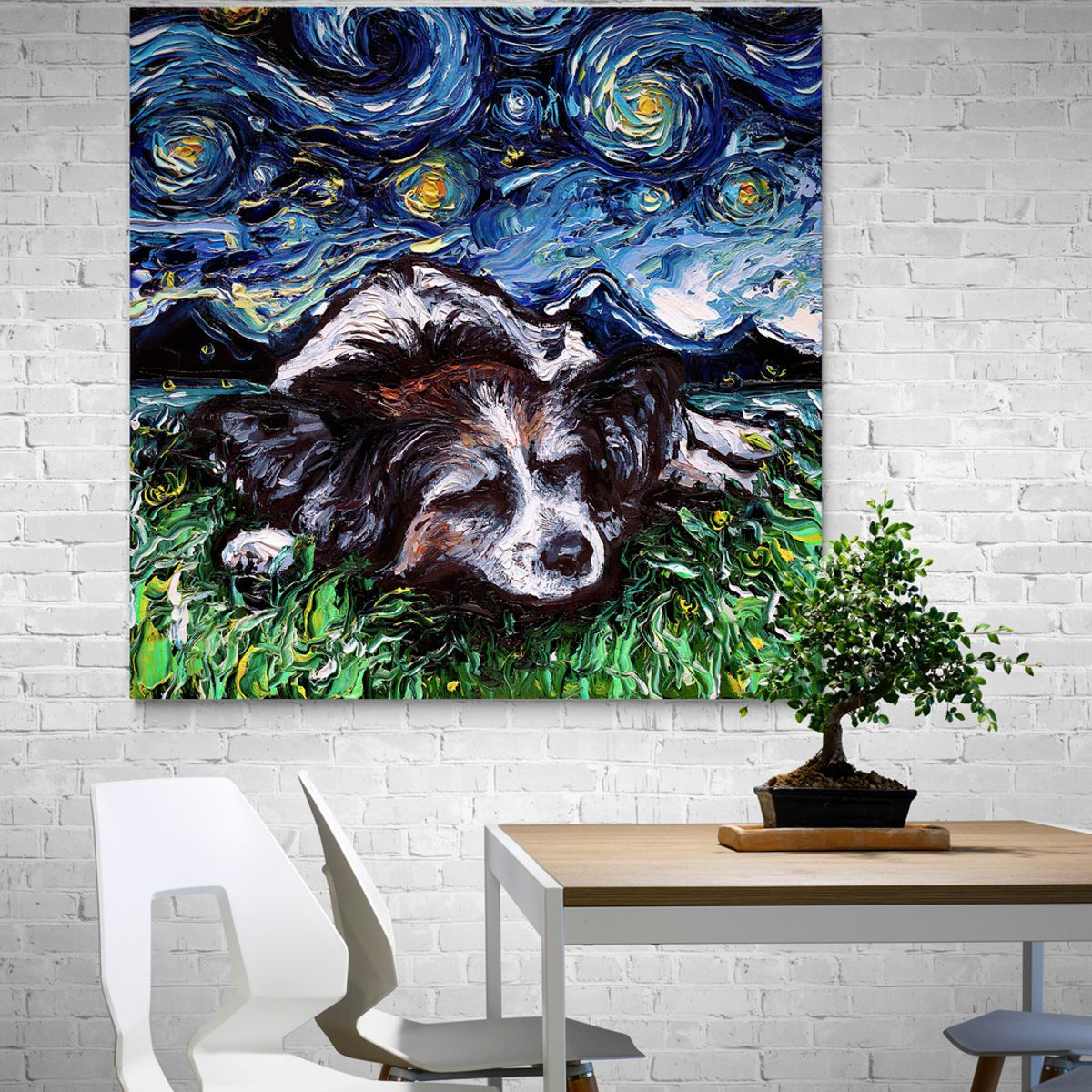 TAYRONA STORE - Cuadro Lienzo Habitacion Noche Estrellada Perro Papilion Night 50x50cm