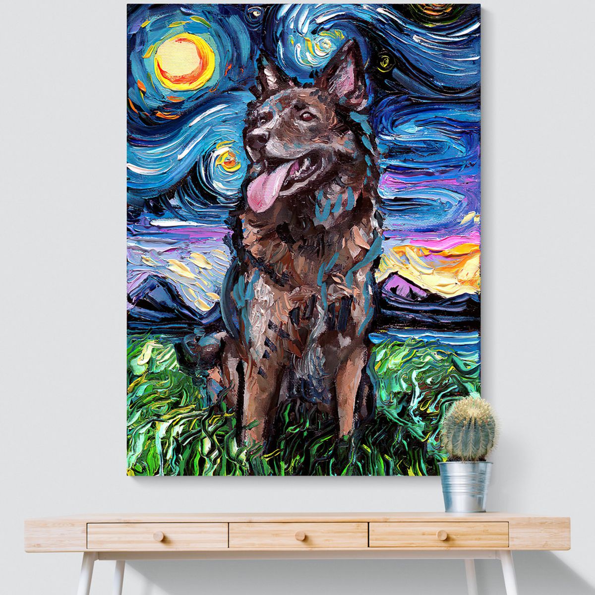 TAYRONA STORE - Cuadro Lienzo Habitacion Noche Estrellada Perro Shepherd Night 35x50cm