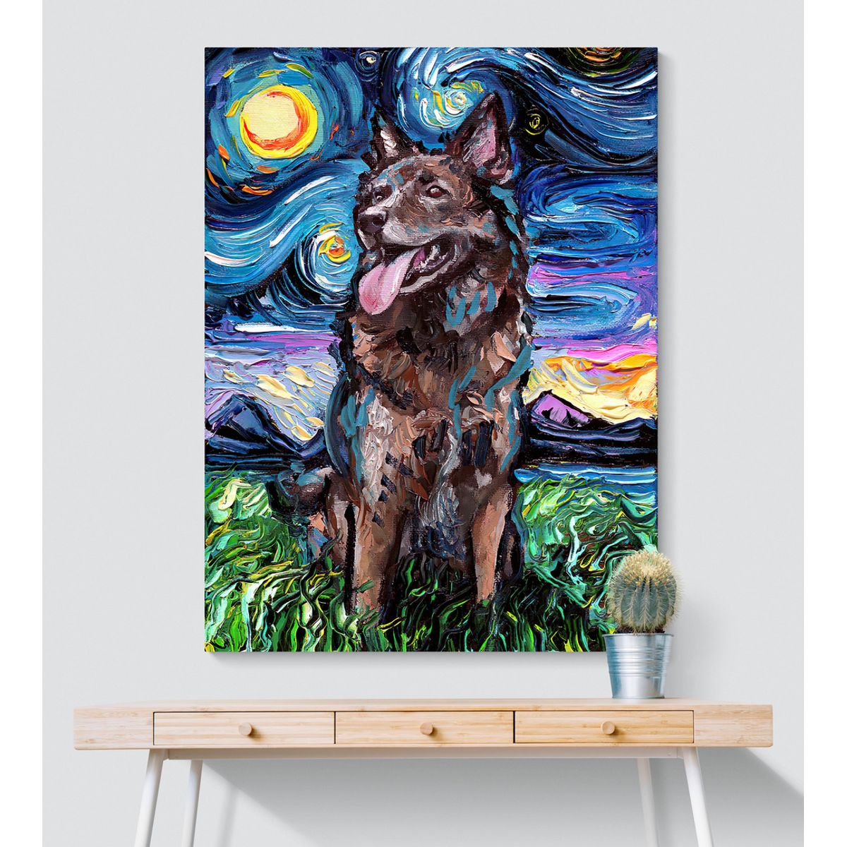 TAYRONA STORE - Cuadro Lienzo Habitacion Noche Estrellada Perro Shepherd Night 35x50cm