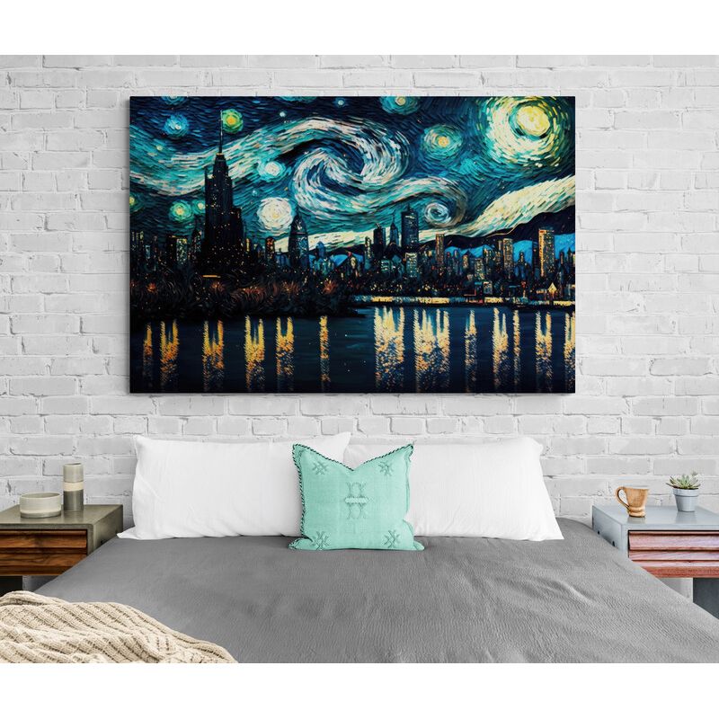 TAYRONA STORE - Cuadro Lienzo Para Habitaciones Ciuadad Noche Estrellada 047 130x70cm
