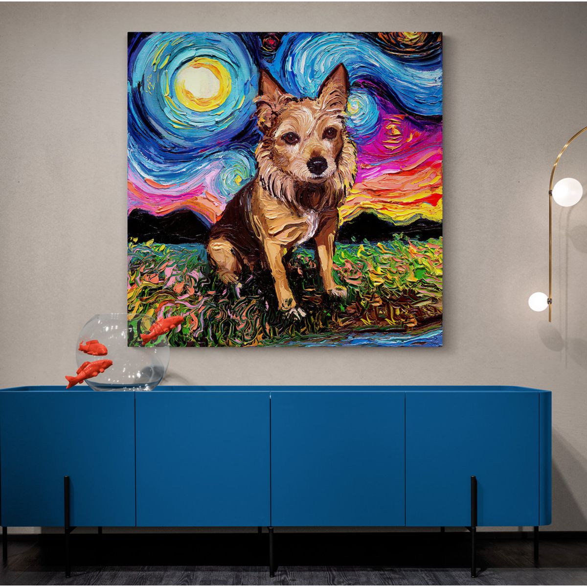 TAYRONA STORE - Cuadro Lienzo Habitacion Noche Estrellada Perro Australian Terrier 50x50cm