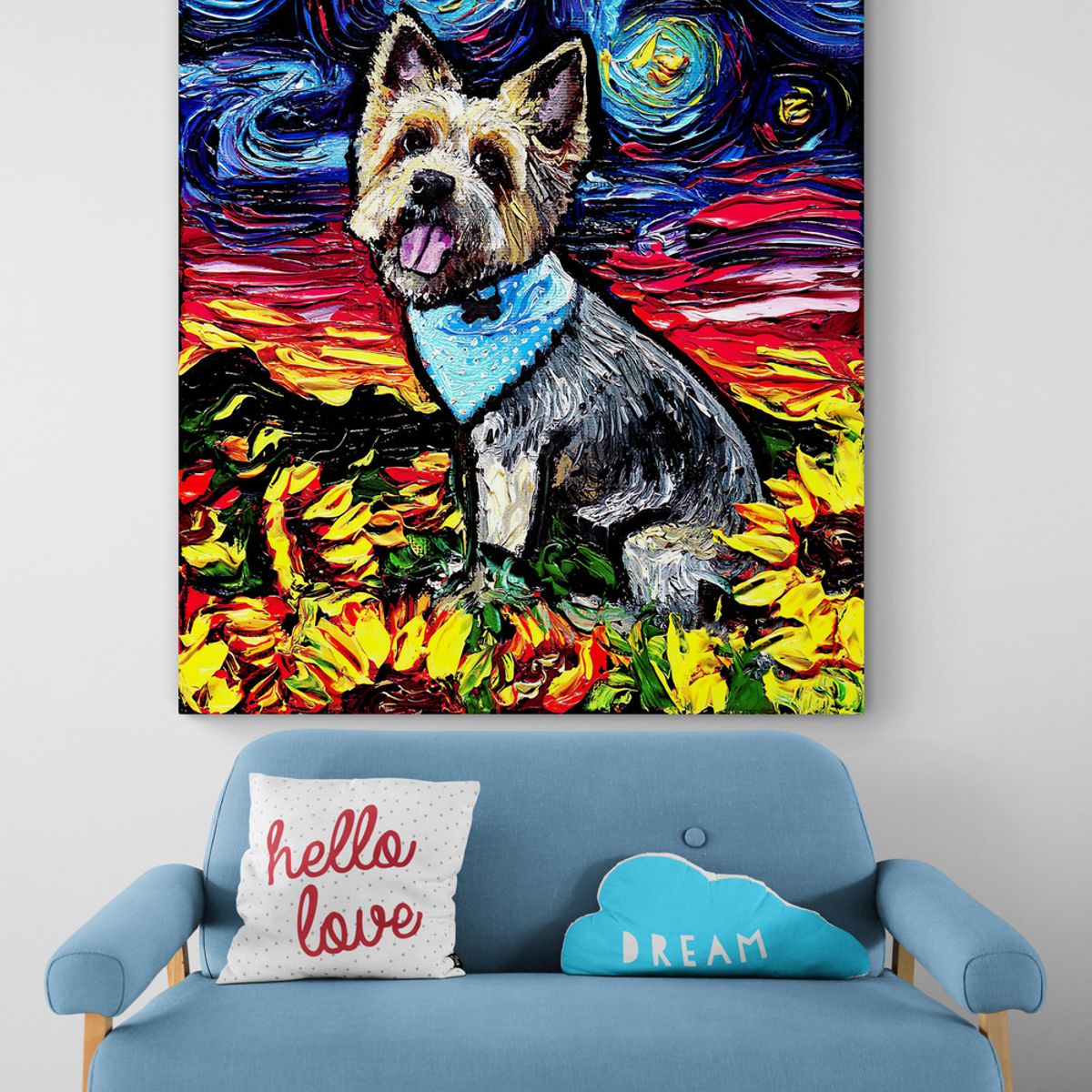 TAYRONA STORE - Cuadro Lienzo Habitacion Noche Estrellada Perro Silky Terrier Night 70x70cm