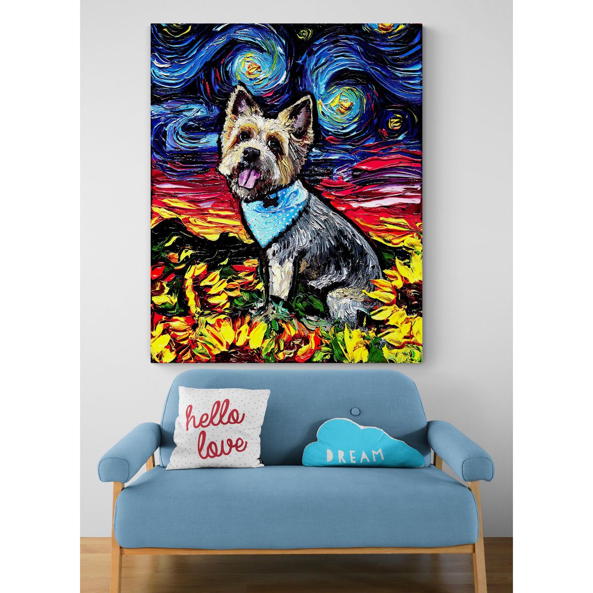 TAYRONA STORE - Cuadro Lienzo Habitacion Noche Estrellada Perro Silky Terrier Night 70x70cm