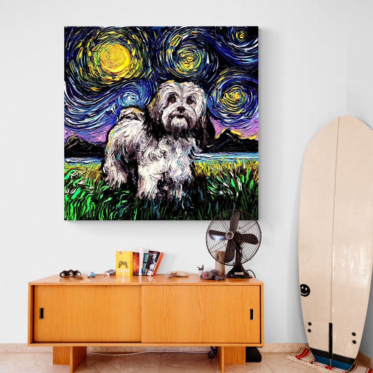 TAYRONA STORE - Cuadro Lienzo Habitacion Noche Estrellada Perro Lhasa Apso Aja Trier 80x80cm