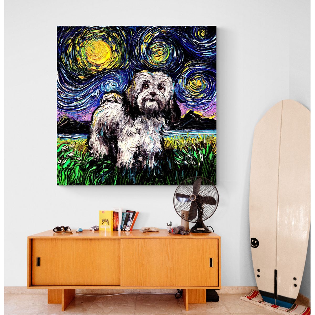 TAYRONA STORE - Cuadro Lienzo Habitacion Noche Estrellada Perro Lhasa Apso Aja Trier 80x80cm