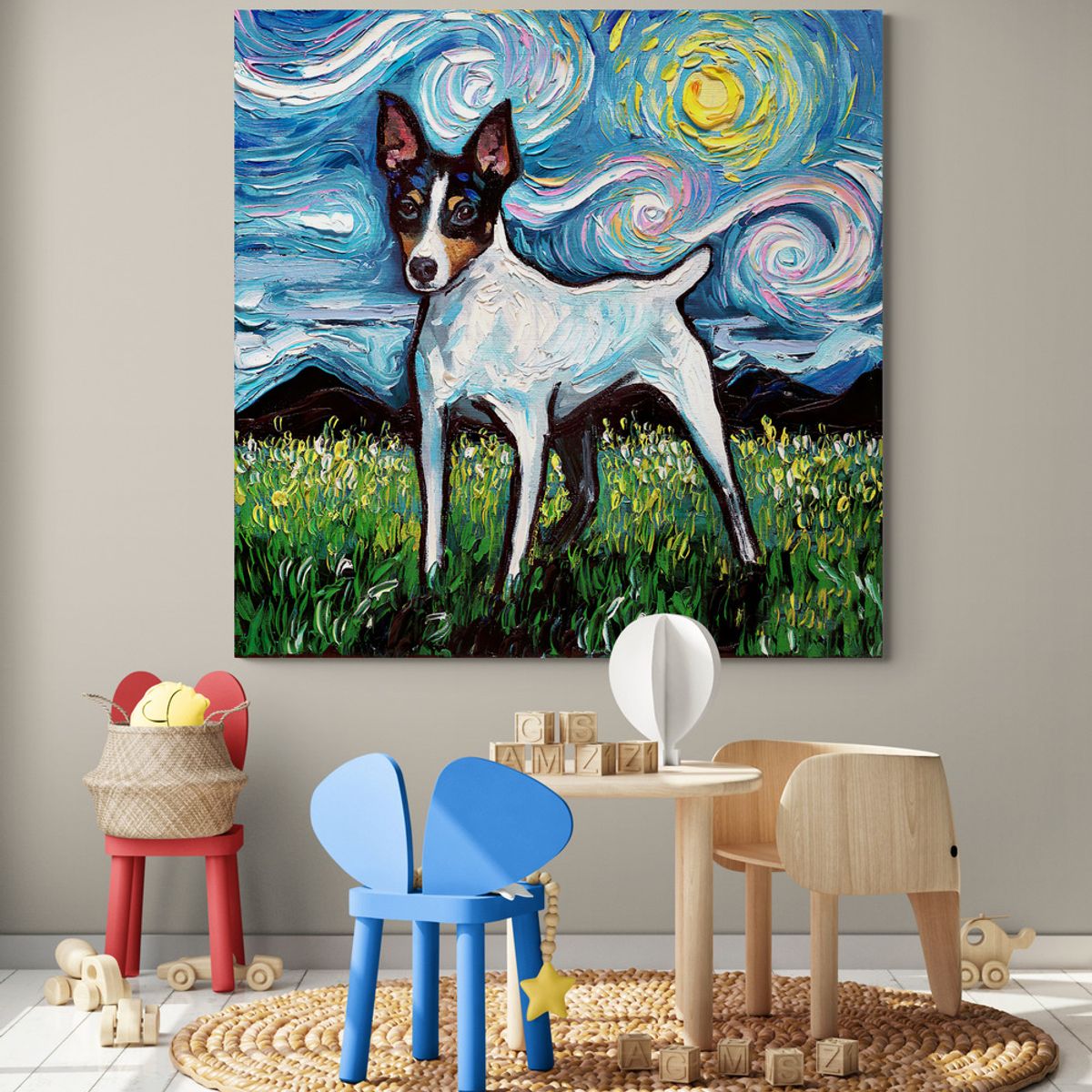 TAYRONA STORE - Cuadro Lienzo Habitacion Noche Estrellada Perro Toy Fox Terrier Night 50x50cm