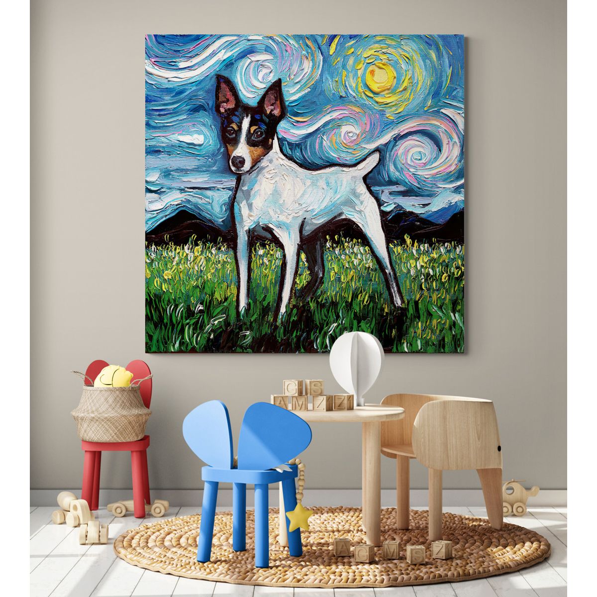 TAYRONA STORE - Cuadro Lienzo Habitacion Noche Estrellada Perro Toy Fox Terrier Night 50x50cm