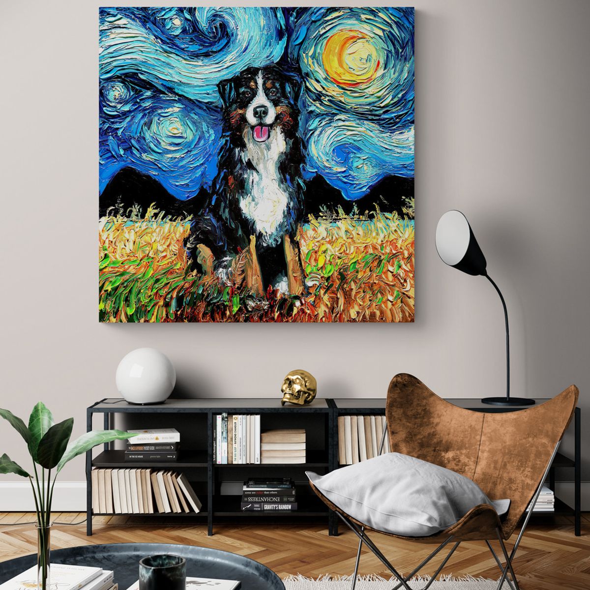 TAYRONA STORE - Cuadro Lienzo Habitacion Noche Estrellada Perro Bernese Mountain Dog 70x70cm