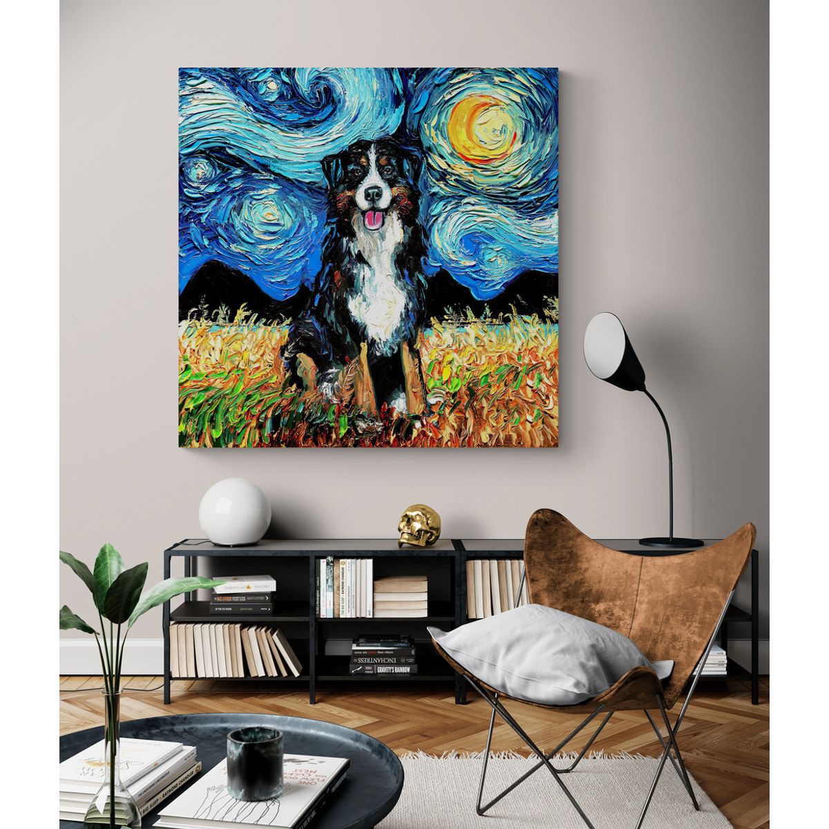 TAYRONA STORE - Cuadro Lienzo Habitacion Noche Estrellada Perro Bernese Mountain Dog 70x70cm