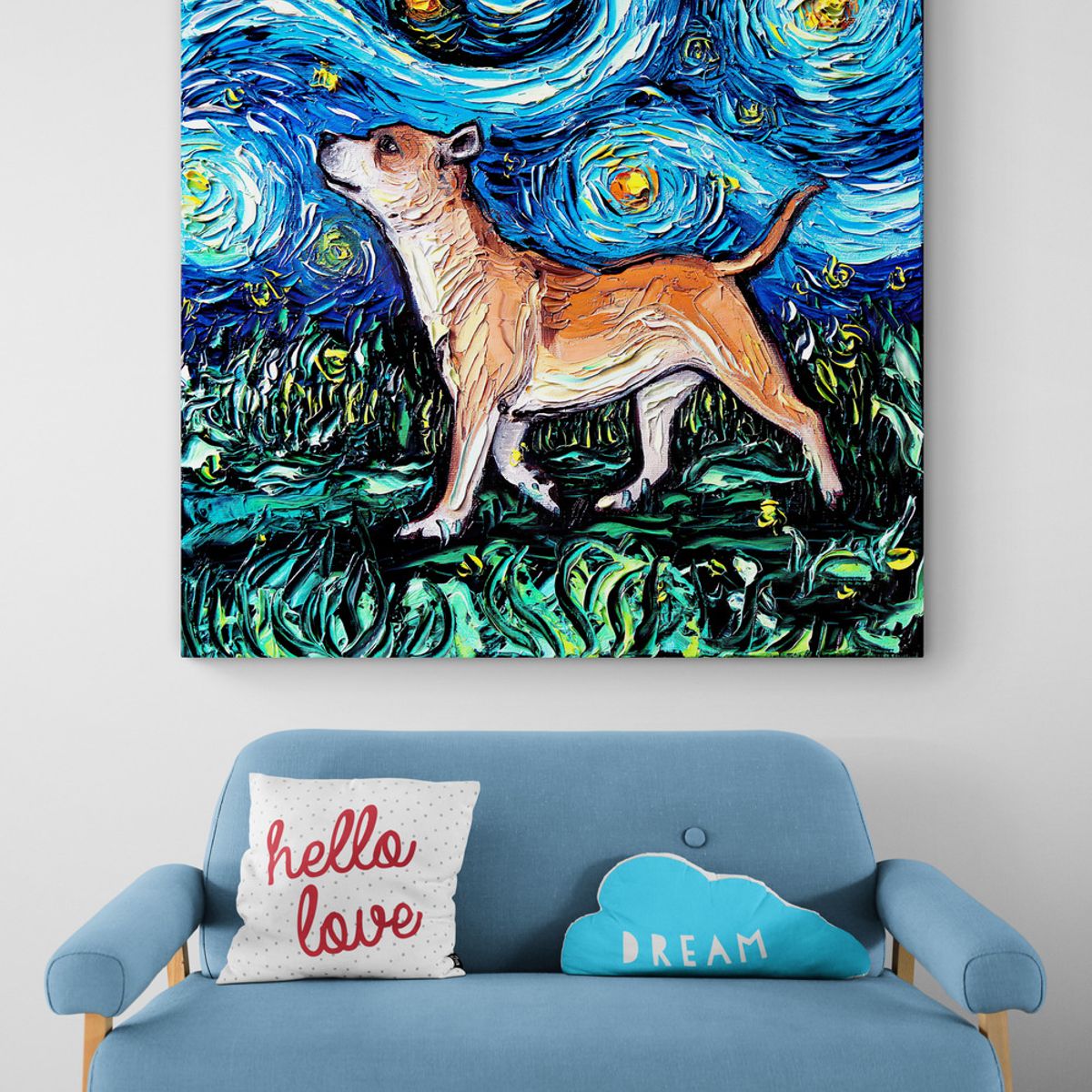 TAYRONA STORE - Cuadro Lienzo Habitacion Noche Estrellada Perro Staffordshire Bulldog 80x80cm