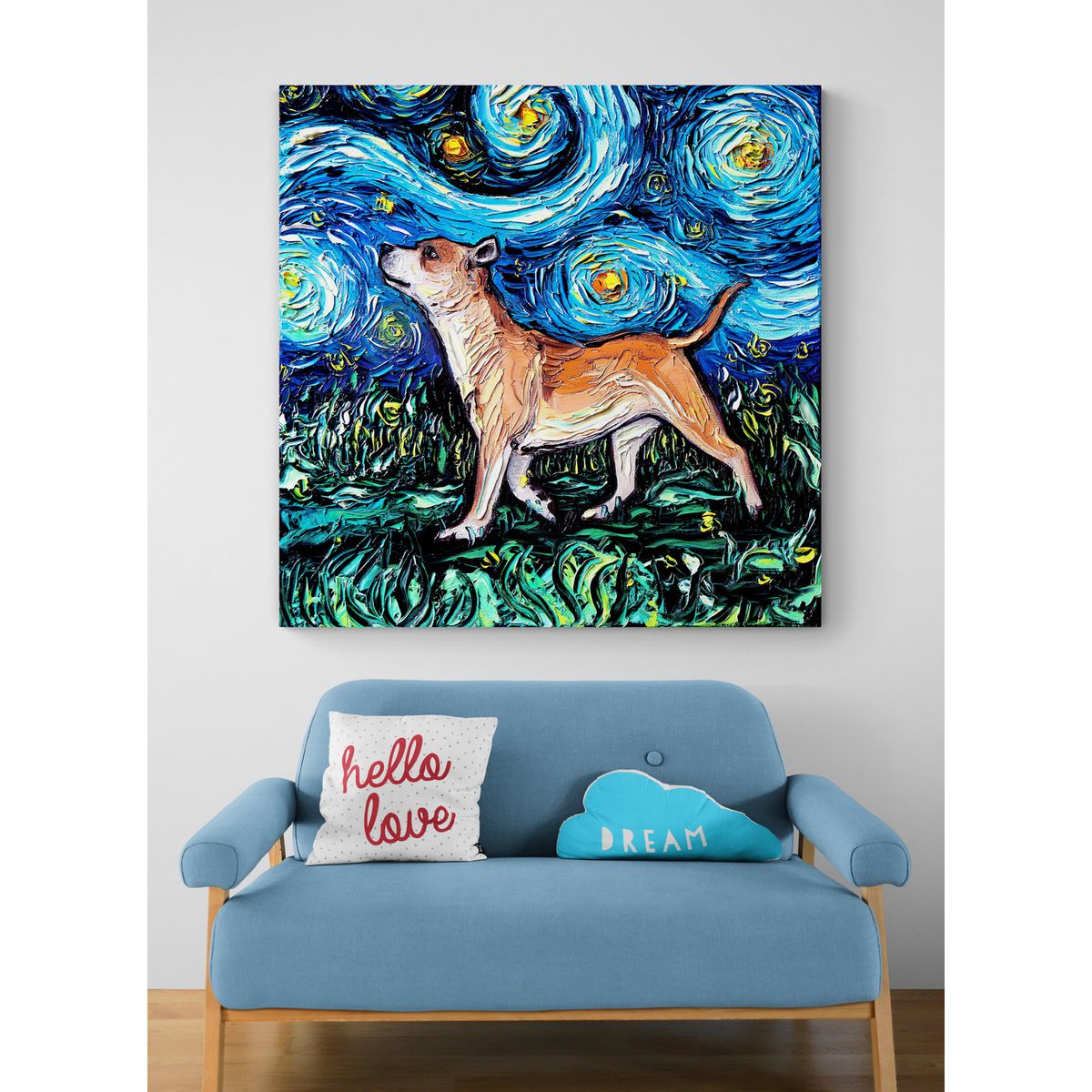 TAYRONA STORE - Cuadro Lienzo Habitacion Noche Estrellada Perro Staffordshire Bulldog 80x80cm