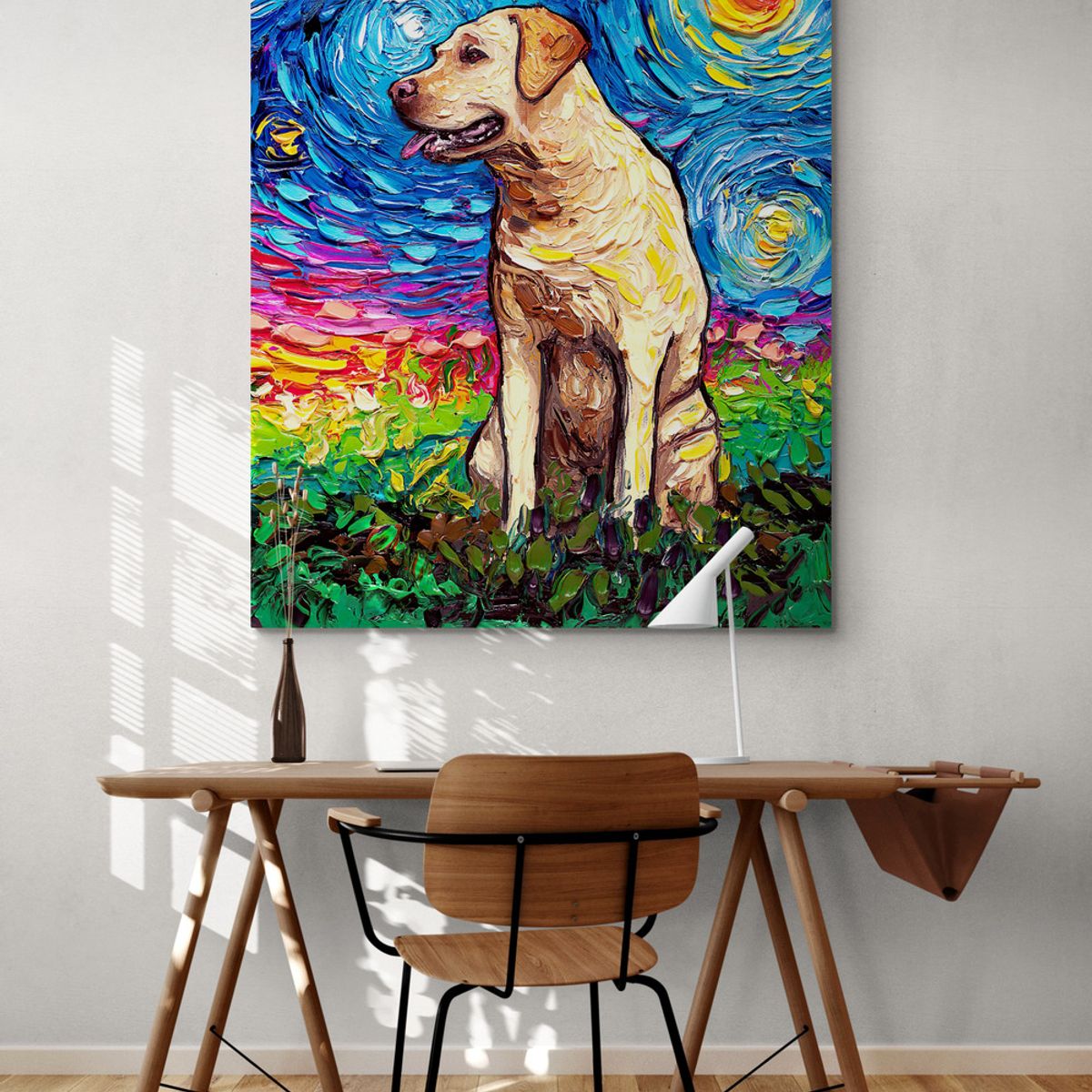 TAYRONA STORE - Cuadro Lienzo Habitacion Noche Estrellada Perro Labrador Amarillo 03 120x150cm
