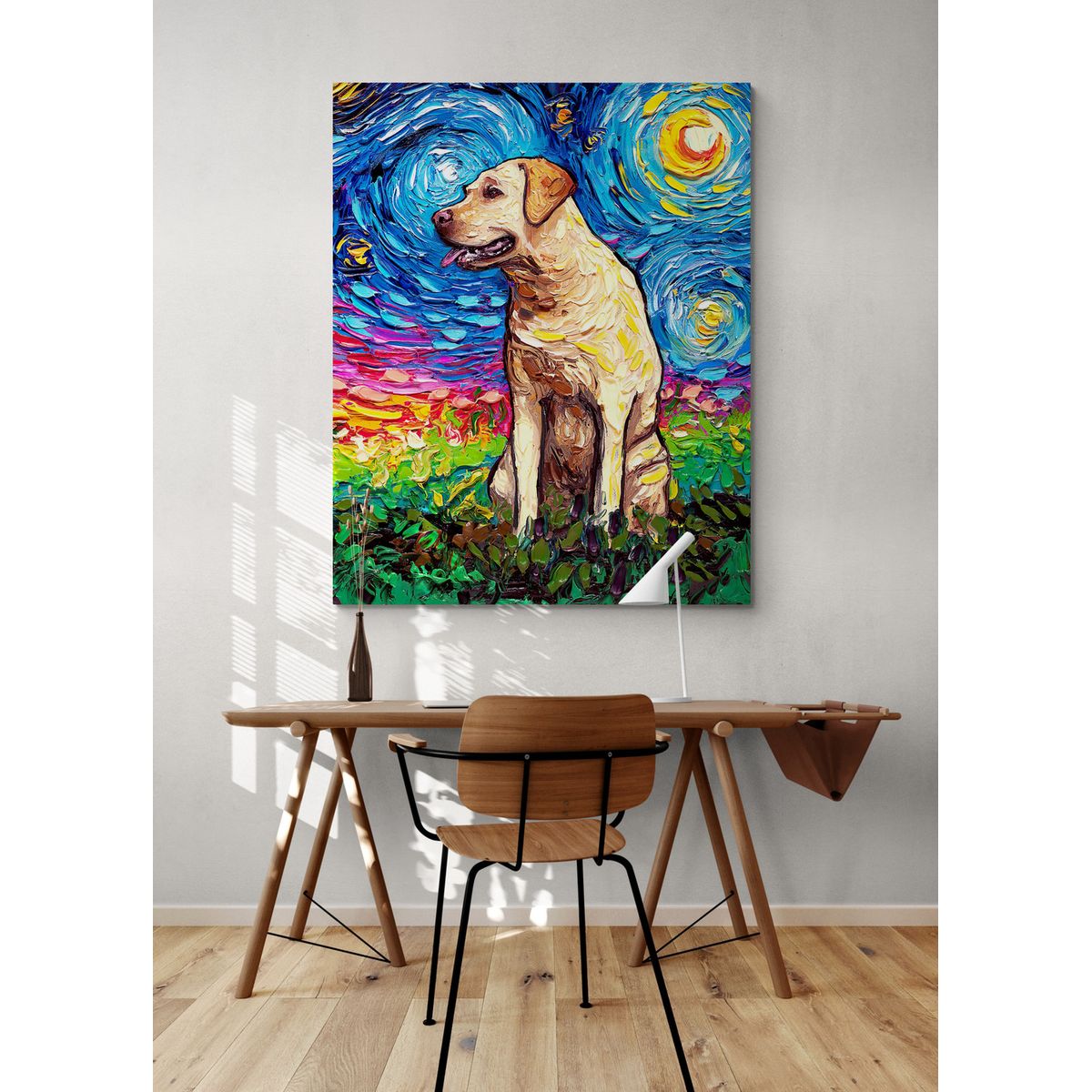 TAYRONA STORE - Cuadro Lienzo Habitacion Noche Estrellada Perro Labrador Amarillo 03 120x150cm