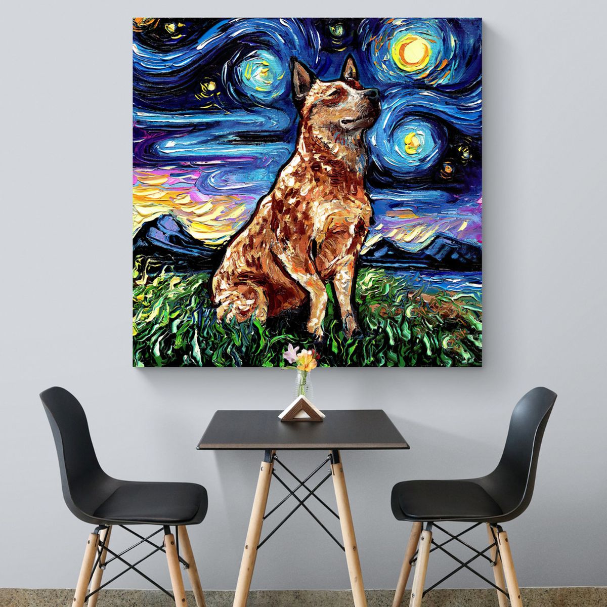 TAYRONA STORE - Cuadro Lienzo Noche Estrellada Perro Red Heeler Night Aja Trier 60x60cm