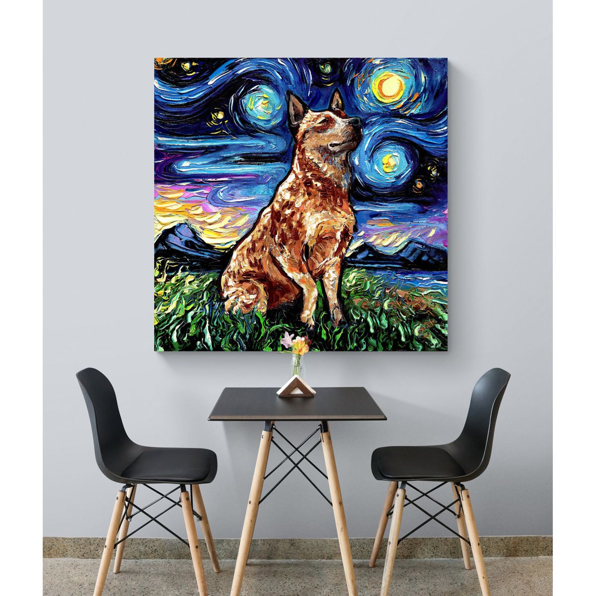 TAYRONA STORE - Cuadro Lienzo Noche Estrellada Perro Red Heeler Night Aja Trier 60x60cm