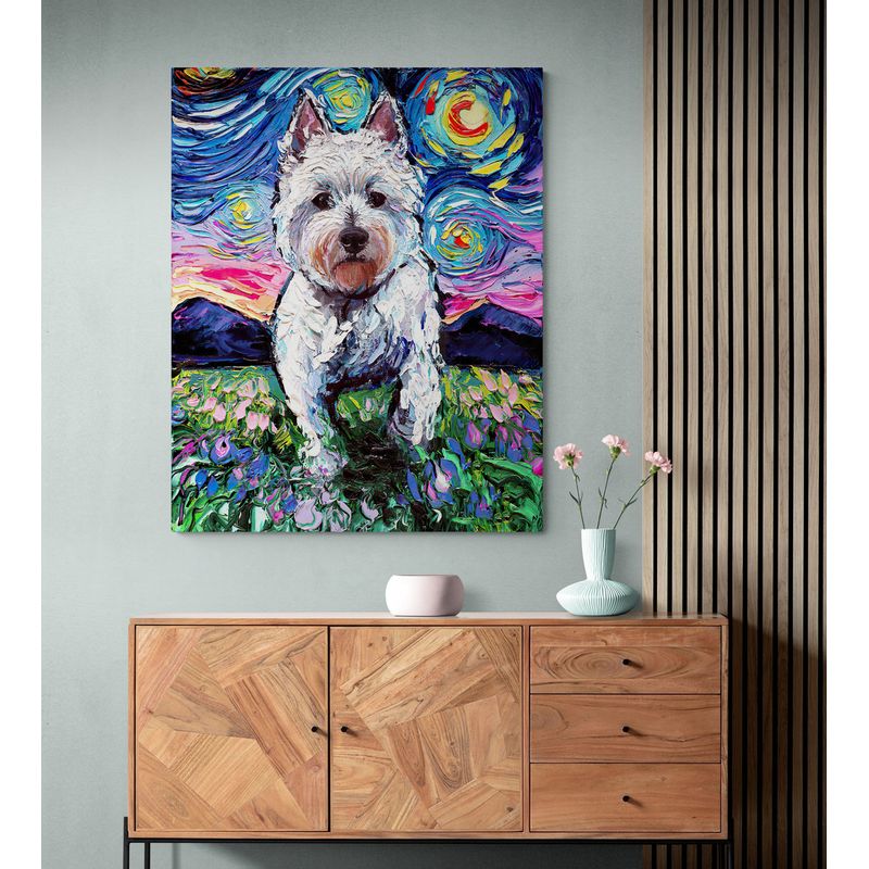 TAYRONA STORE - Cuadro Lienzo Noche Estrellada Perro Westie And Flowers Night 120x150cm