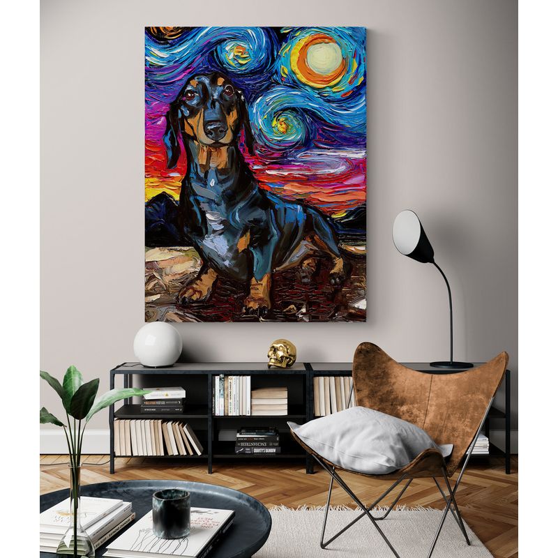 TAYRONA STORE - Cuadro Lienzo Noche Estrellada Perro Black And Tan Dachshund 01 80x100cm