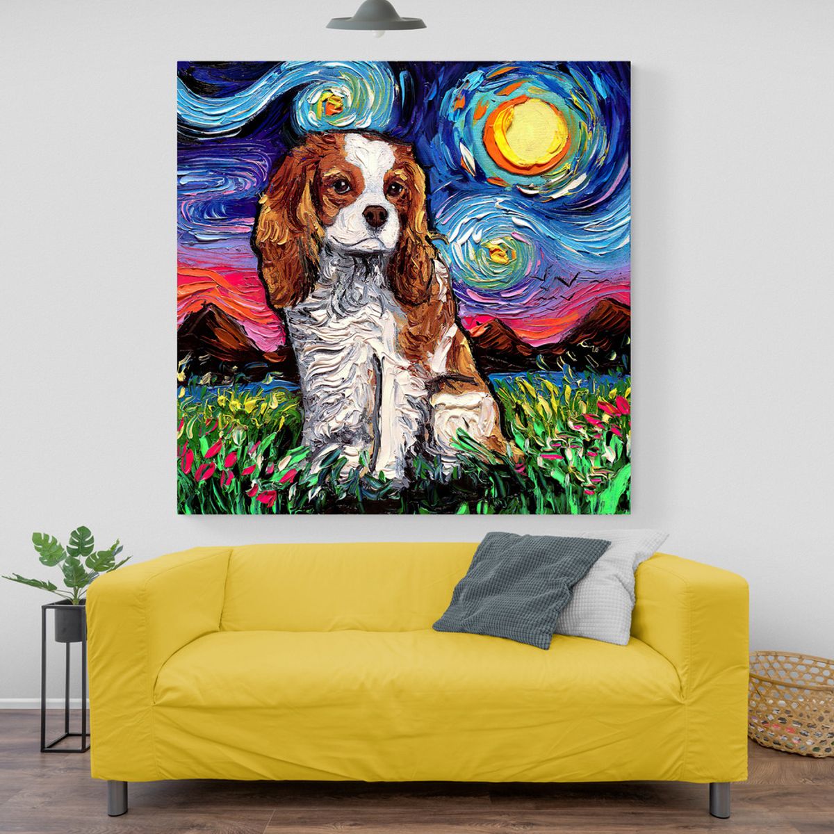 TAYRONA STORE - Cuadro Lienzo Noche Estrellada Perro Cavalier King Charles Night 60x60cm