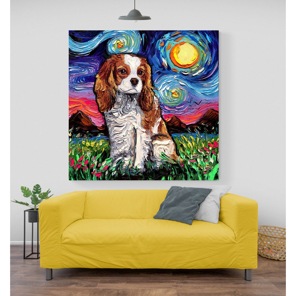 TAYRONA STORE - Cuadro Lienzo Noche Estrellada Perro Cavalier King Charles Night 60x60cm