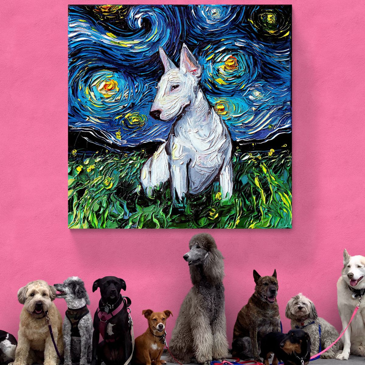 TAYRONA STORE - Cuadro Lienzo Noche Estrellada Perro Bull Terrier Night Aja Trier 70x70cm