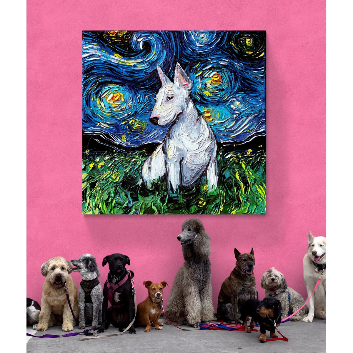 TAYRONA STORE - Cuadro Lienzo Noche Estrellada Perro Bull Terrier Night Aja Trier 70x70cm