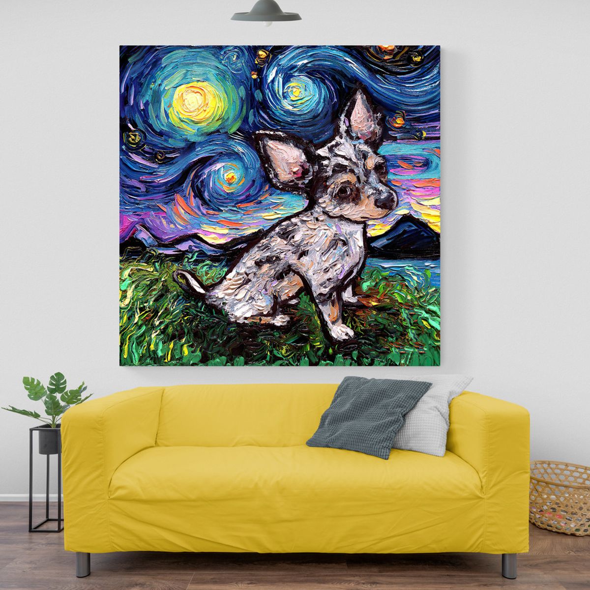 TAYRONA STORE - Cuadro Lienzo Noche Estrellada Perro Chihuahua Merle Teacup Night 80x80cm