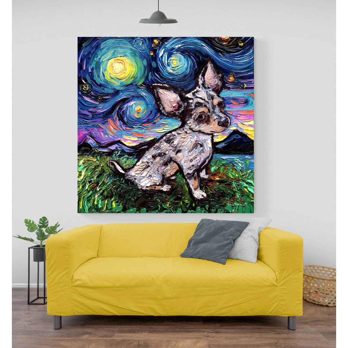 TAYRONA STORE - Cuadro Lienzo Noche Estrellada Perro Chihuahua Merle Teacup Night 80x80cm