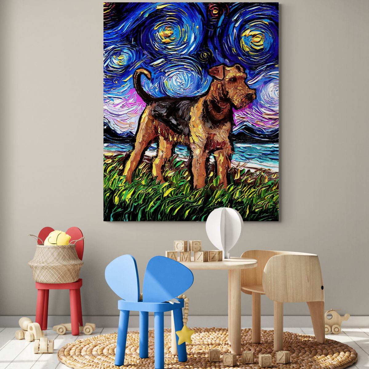 TAYRONA STORE - Cuadro Lienzo Noche Estrellada Perro Starry Night Airedale Terrier 40x50cm