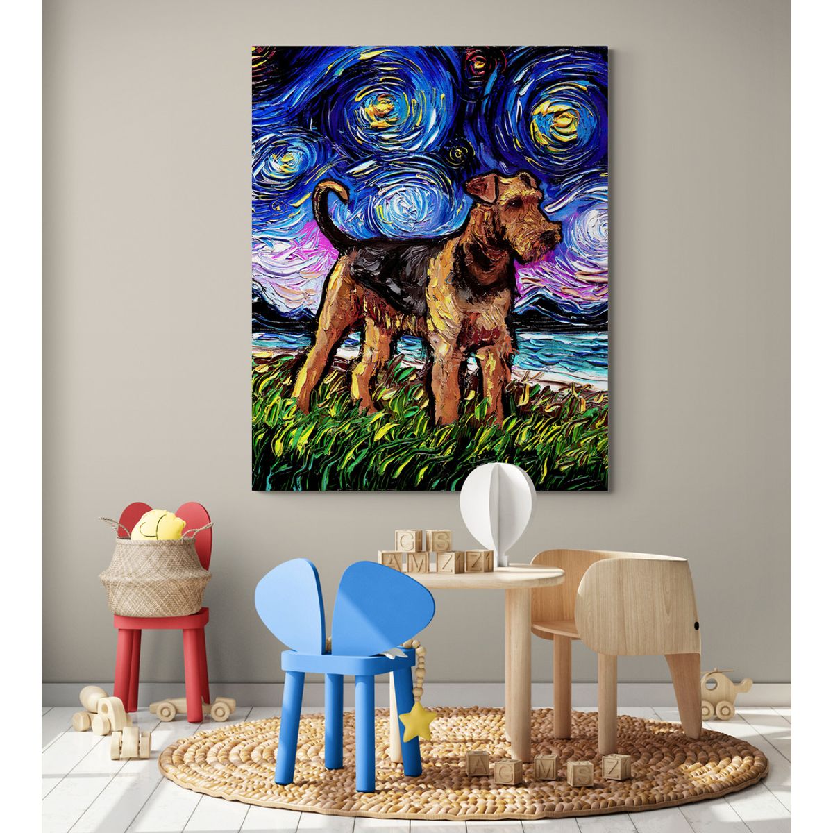 TAYRONA STORE - Cuadro Lienzo Noche Estrellada Perro Starry Night Airedale Terrier 40x50cm