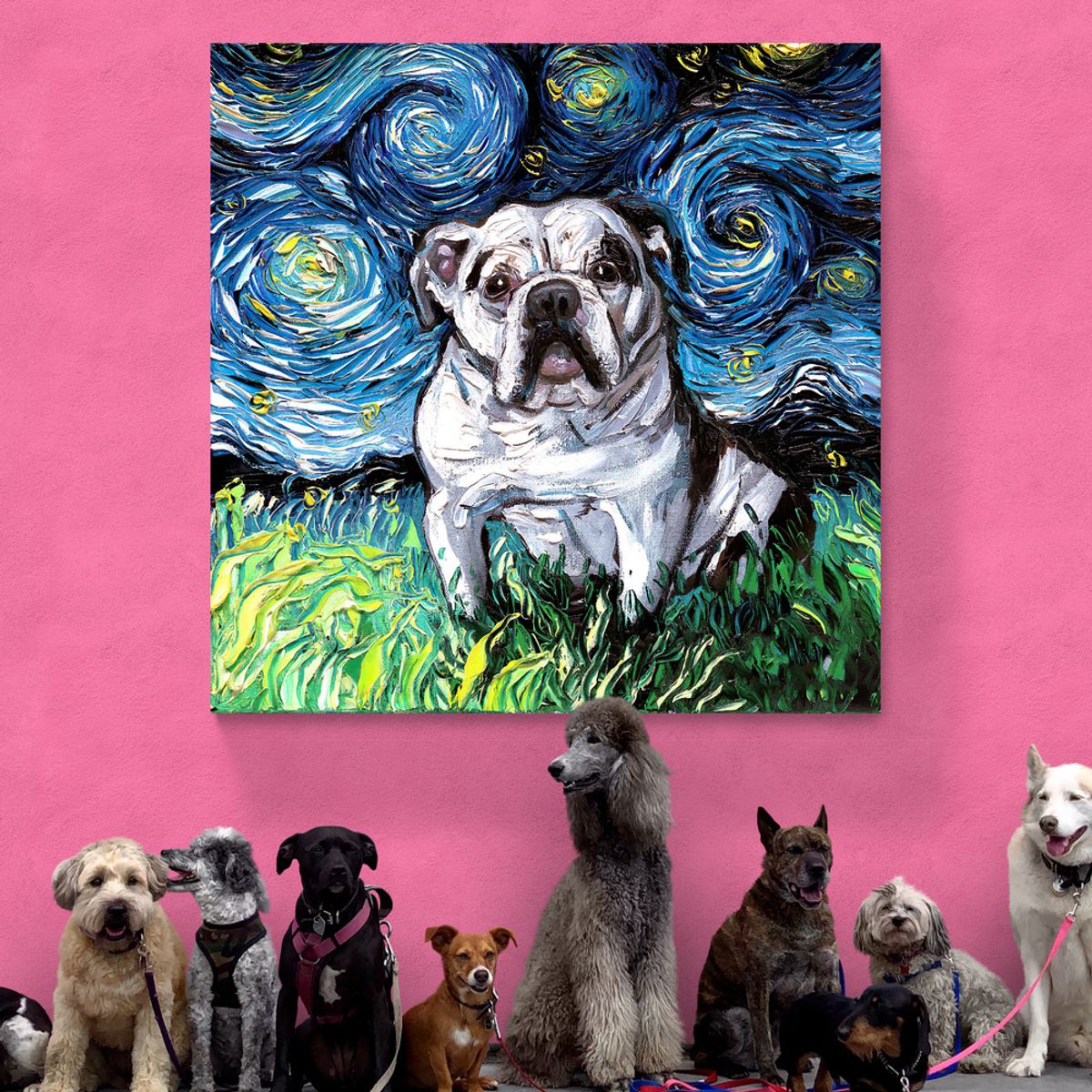 TAYRONA STORE - Cuadro Lienzo Habitacion Noche Estrellada Perro Bulldog Frances 01 60x60cm