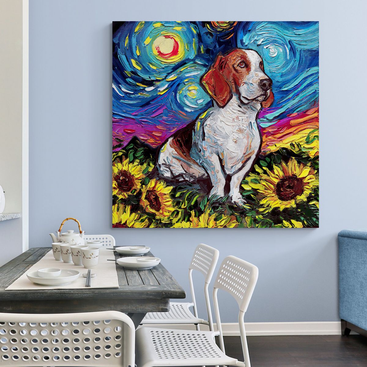TAYRONA STORE - Cuadro Lienzo Habitacion Noche Estrellada Perro Basset Hound 02 80x80cm