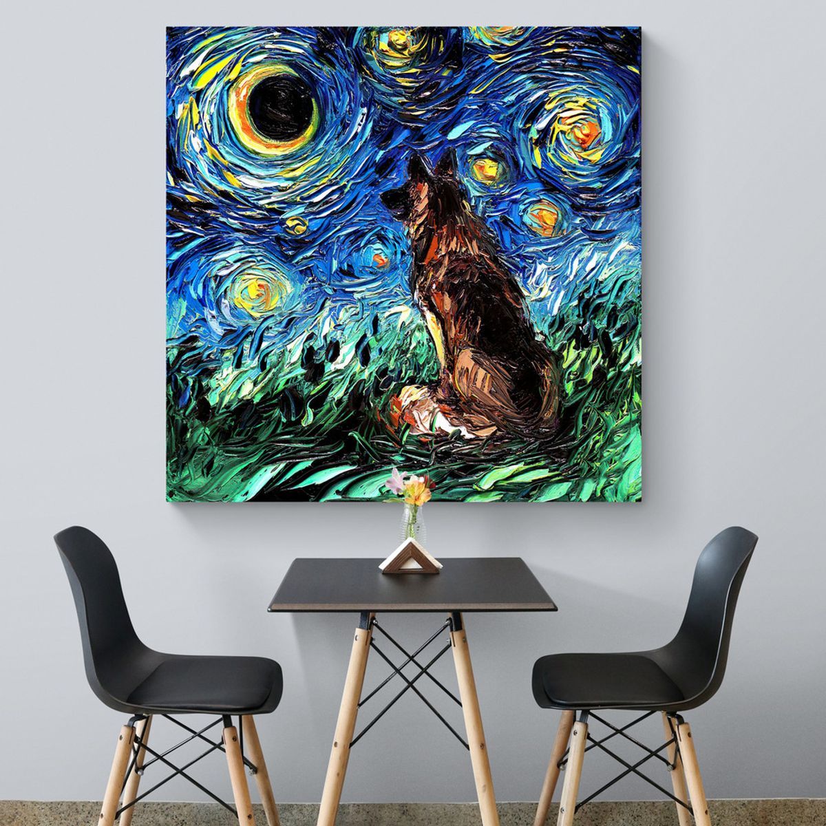 TAYRONA STORE - Cuadro Lienzo Habitacion Noche Estrellada Perro Pastor Aleman 05 80x80cm