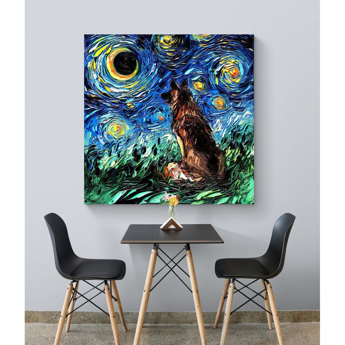 TAYRONA STORE - Cuadro Lienzo Habitacion Noche Estrellada Perro Pastor Aleman 05 80x80cm