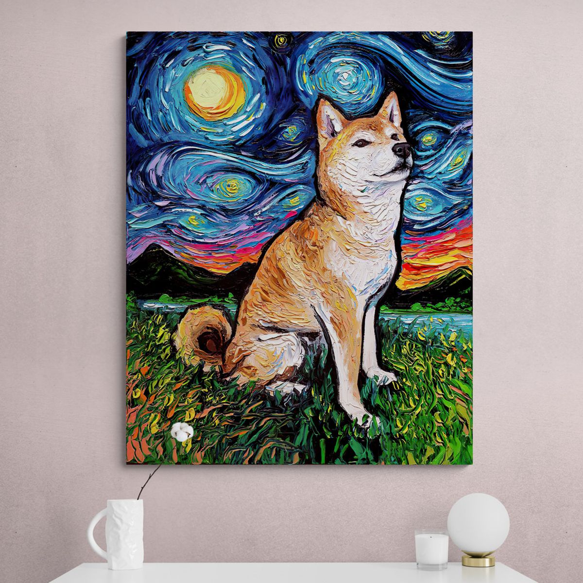 TAYRONA STORE - Cuadro Lienzo Habitacion Noche Estrellada Perro Shiba Inu Night 2 60x75cm